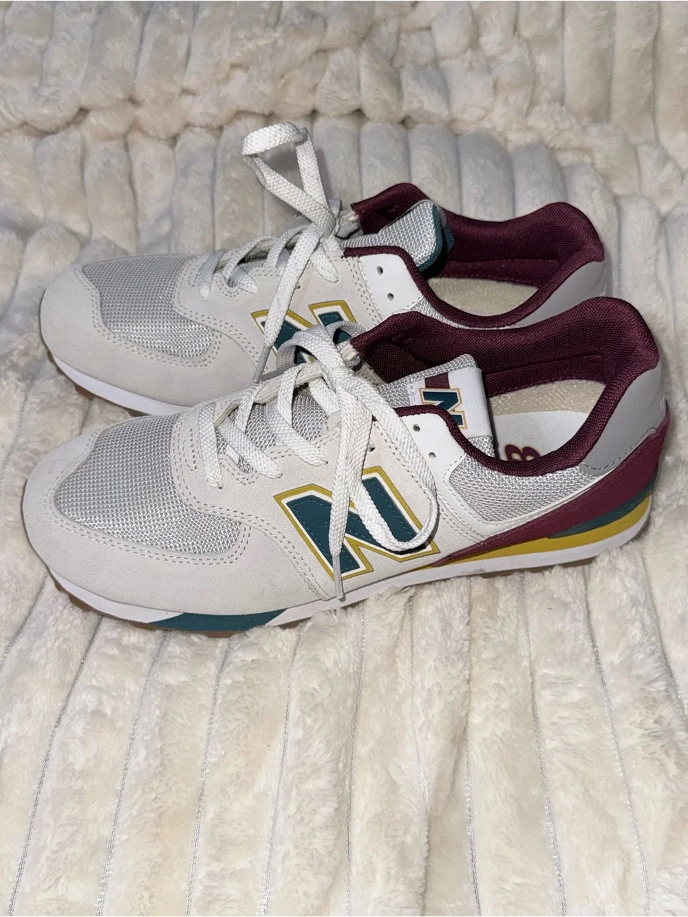 New Balance White Sneakers with Burgundy and Teal Accents